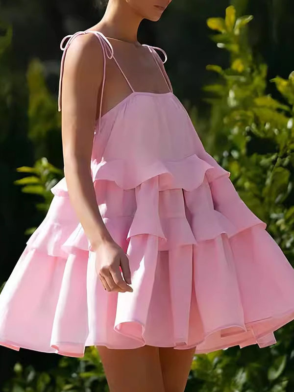 High Waisted Loose Backless Layered Pleated Color Tied Spaghetti-neck Mini Dresses