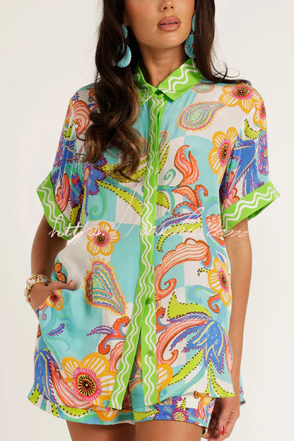 Unique Printed Short-sleeved Loose Shirt and Elastic Waist Drawstring Pocket Shorts Set
