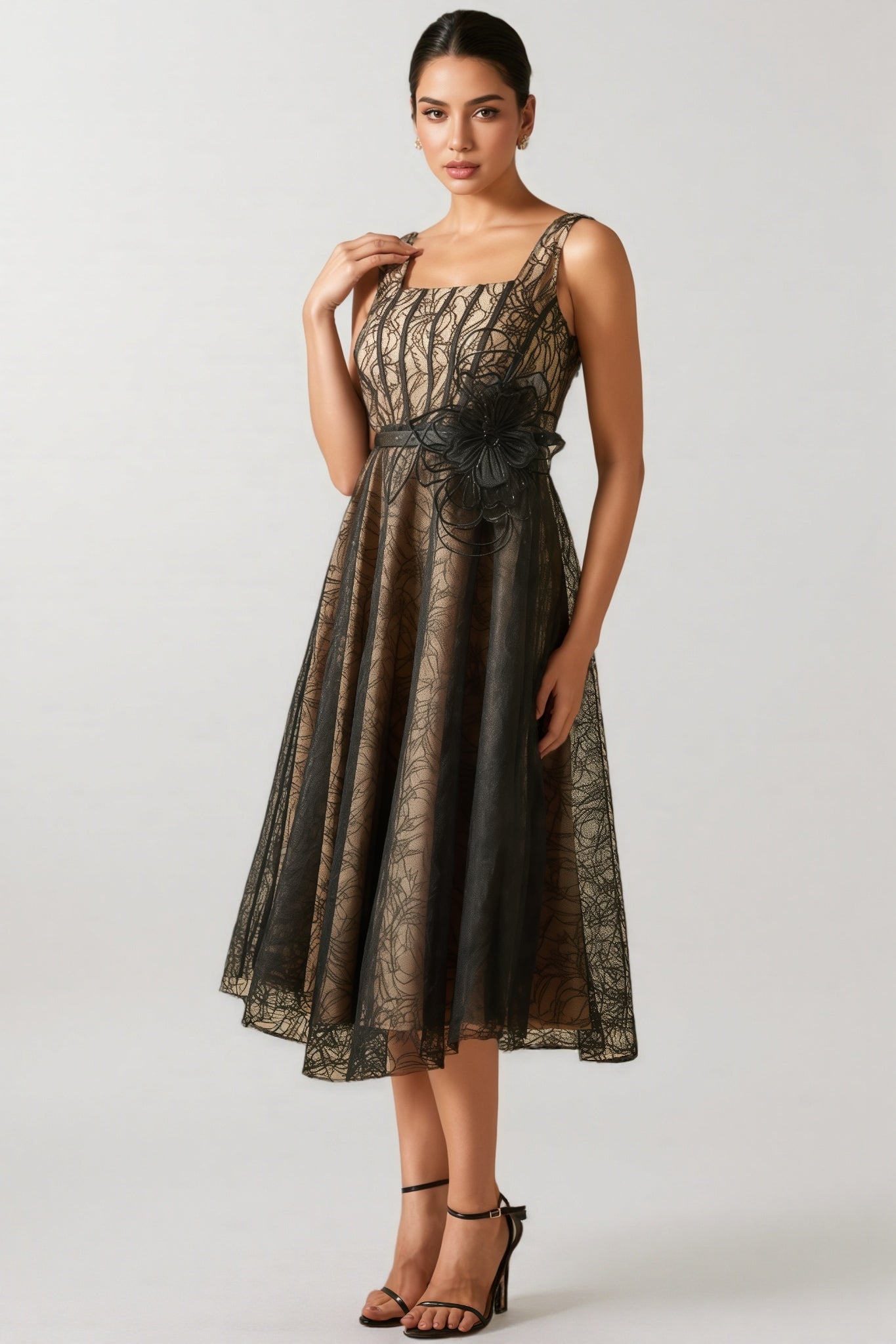 Eloise Applique Lace Overlay Midi Dress