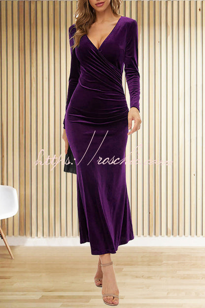 Color Velvet Long Sleeve V-neck Slim Fit Fishtail Maxi Dress