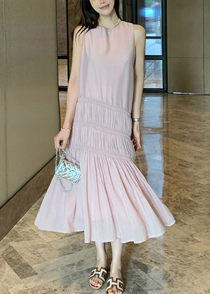 Pink Wrinkled Long Dress Sleeveless Qp036