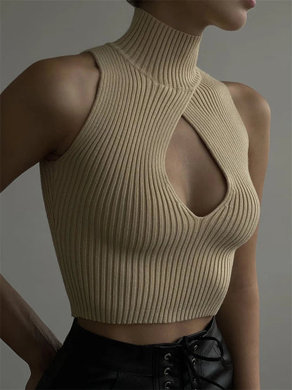 Spring New ’s Turtleneck Ribbed Sleeveless Tops Slim Bandage Sweater Vest Crop Tank Top Knitwear Summer