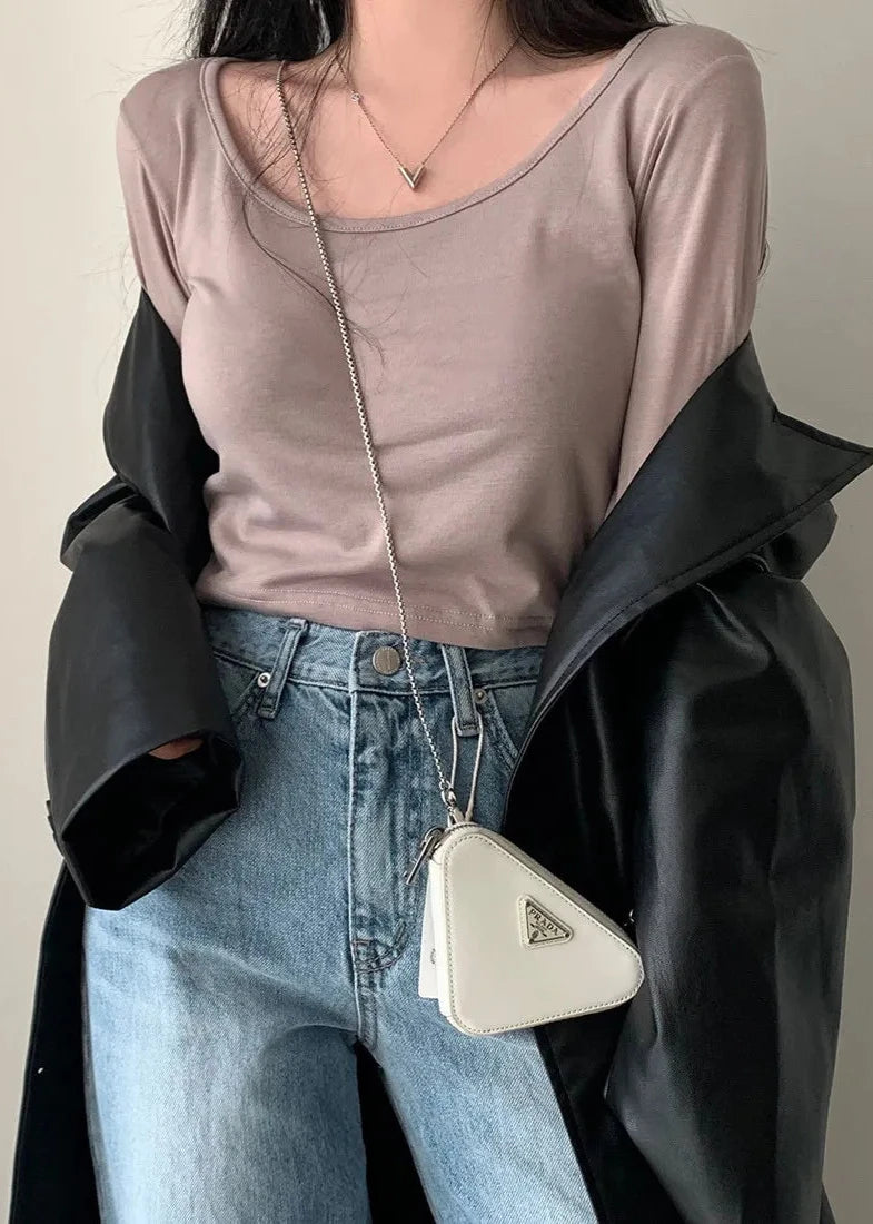 Retro Black Pu Leather Trench Coat - Double-breasted