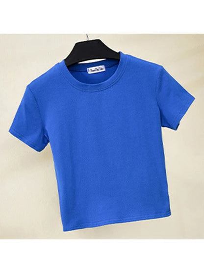Green Crop Top T-shirt Female Cotton O-neck Short Sleeve T-shirts for High Waist Slim Short Sport Femme T-shirt