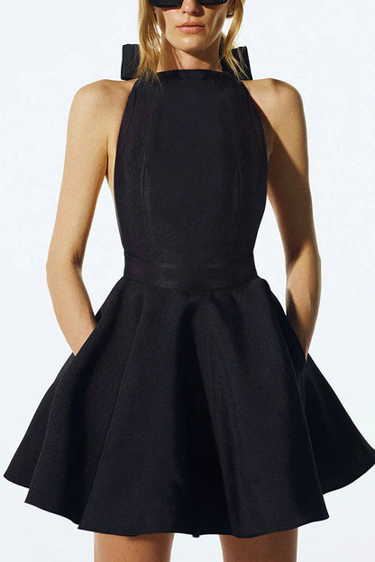 Backless Halterneck Lace-up Pocket Mini Dress