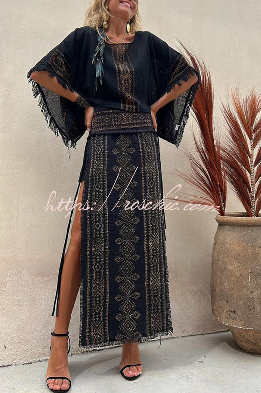 Alana Linen Blend Print Patchwork Side Lace-up Maxi Skirt