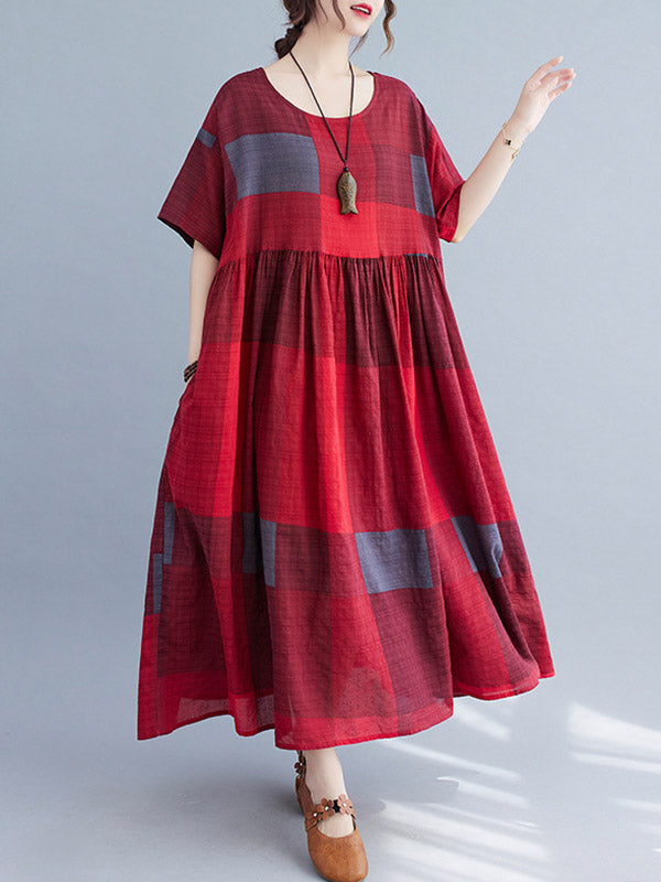 Artistic Retro Loose Color-block Pleated Round-neck Half Sleeves Midi Dress