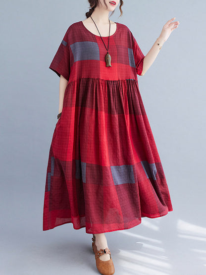 Artistic Retro Loose Color-block Pleated Round-neck Half Sleeves Midi Dress