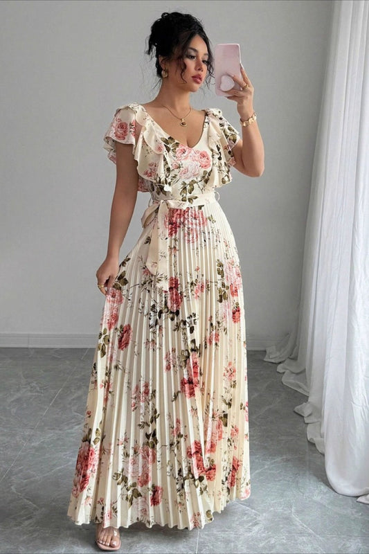 Print Ruffle Sleeve V Neck Pleated Maxi Dress