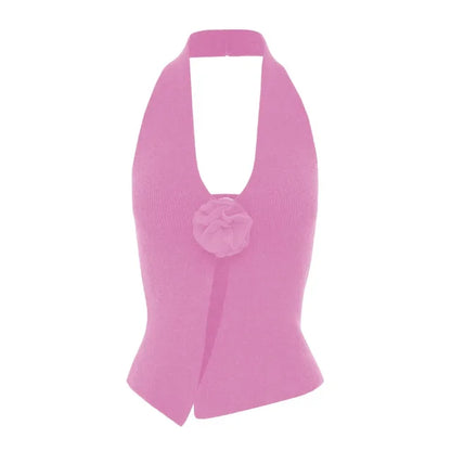 Woolen Halter Neck Sleeveless T-shirts for Clothing Flower Slim Crop Top Femme Vacation Vest