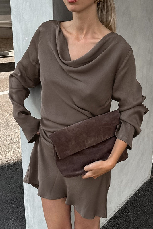 Satin Cowl Neck Long Sleeve Mini Dress