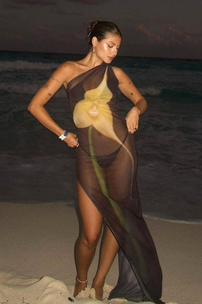 One Shoulder Mesh Print Sheer Split Maxi Dress