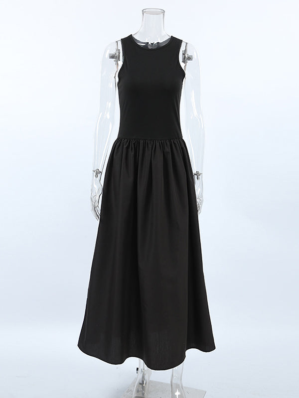 A-line Sleeveless Color Split-joint Round-neck Maxi Dresses