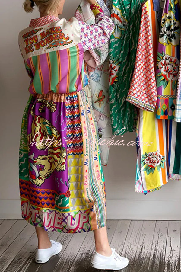 Satin Colorful Unique Print Elastic Waist Pocket Vacation Midi Skirt