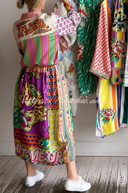 Satin Colorful Unique Print Elastic Waist Pocket Vacation Midi Skirt