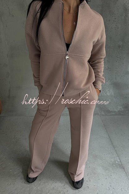 Color Long Sleeve Zipper Jacket and Elastic Waist Pocket Wide Leg Pants Set