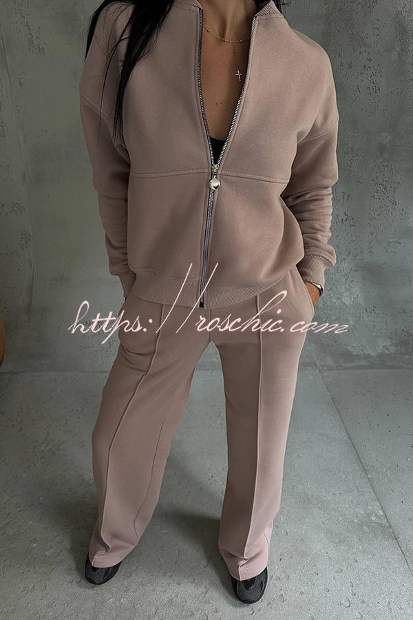 Color Long Sleeve Zipper Jacket and Elastic Waist Pocket Wide Leg Pants Set