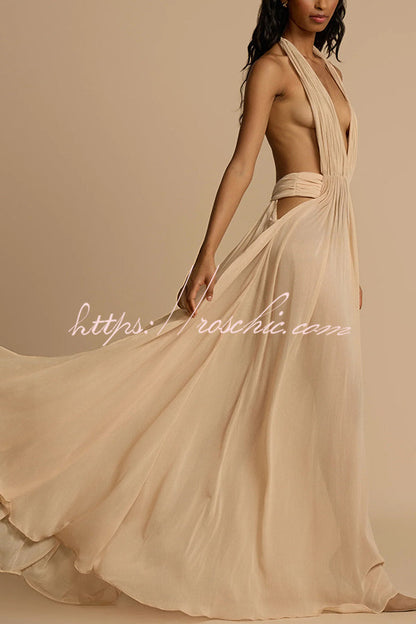 Ethereal Moment Tulle Cutout Ruched Waist Backless Halter Maxi Dress