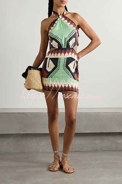Unique Print Halter Backless Holiday Mini Dress
