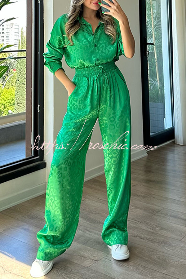 Leopard Print Jacquard Long Sleeved Shirt With Elastic Waist and Pant Two Piece Set