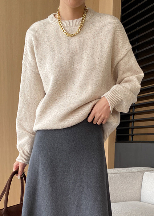 Loose Apricot O Neck Cozy Knit Sweaters Fall Af1011
