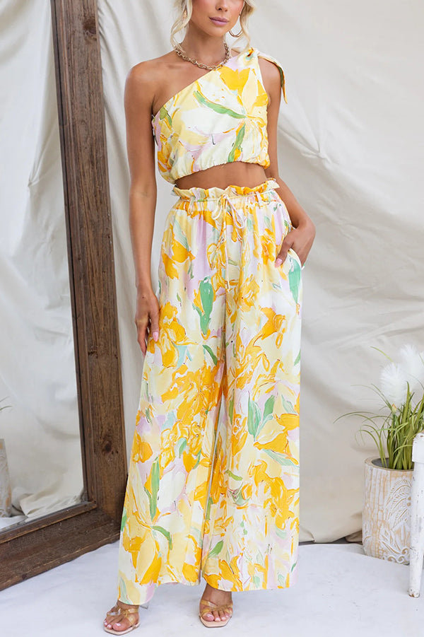 Soleila Print One Shoulder Tie-up Crop Top and Elastic Waist Pocket Loose Pants Set