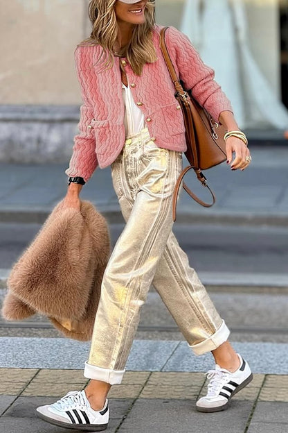 Color V-neck Long-sleeved Loose Pocket Knit Cardigan