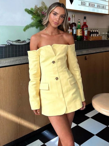 Off-shoulder Strapless Blazer Dress for Zipper Two Pocket Long Sleeve Backless Mini Dress