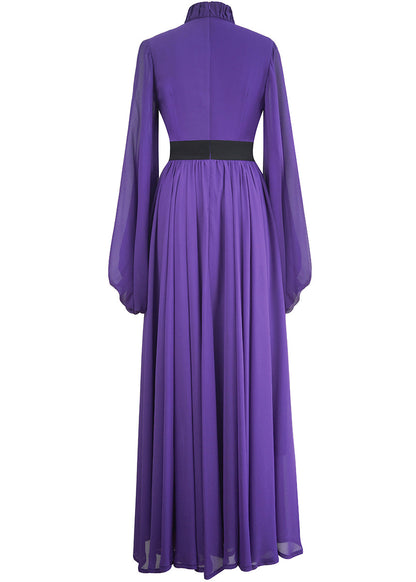 Stand Silk Wrinkled Italian Purple Long Dresses Lantern Collar