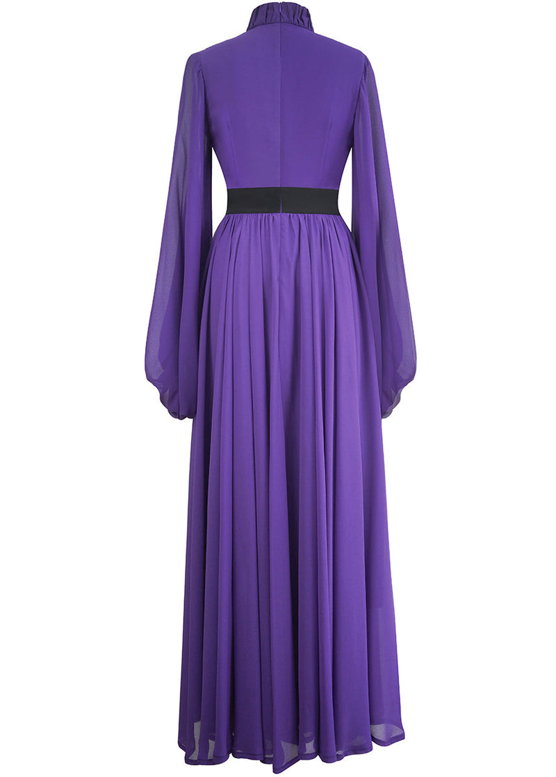 Stand Silk Wrinkled Italian Purple Long Dresses Lantern Collar