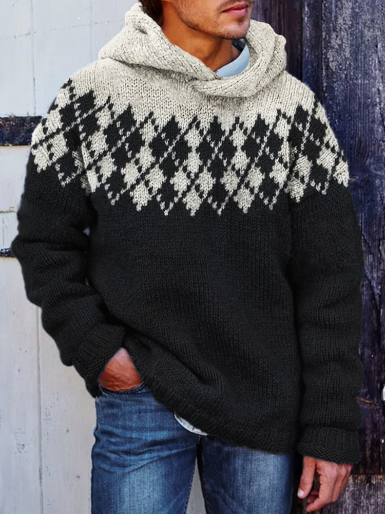 Men's Retro Argyle Yoke Contrast Color Cozy Knit Hooded Sweater elevenforest