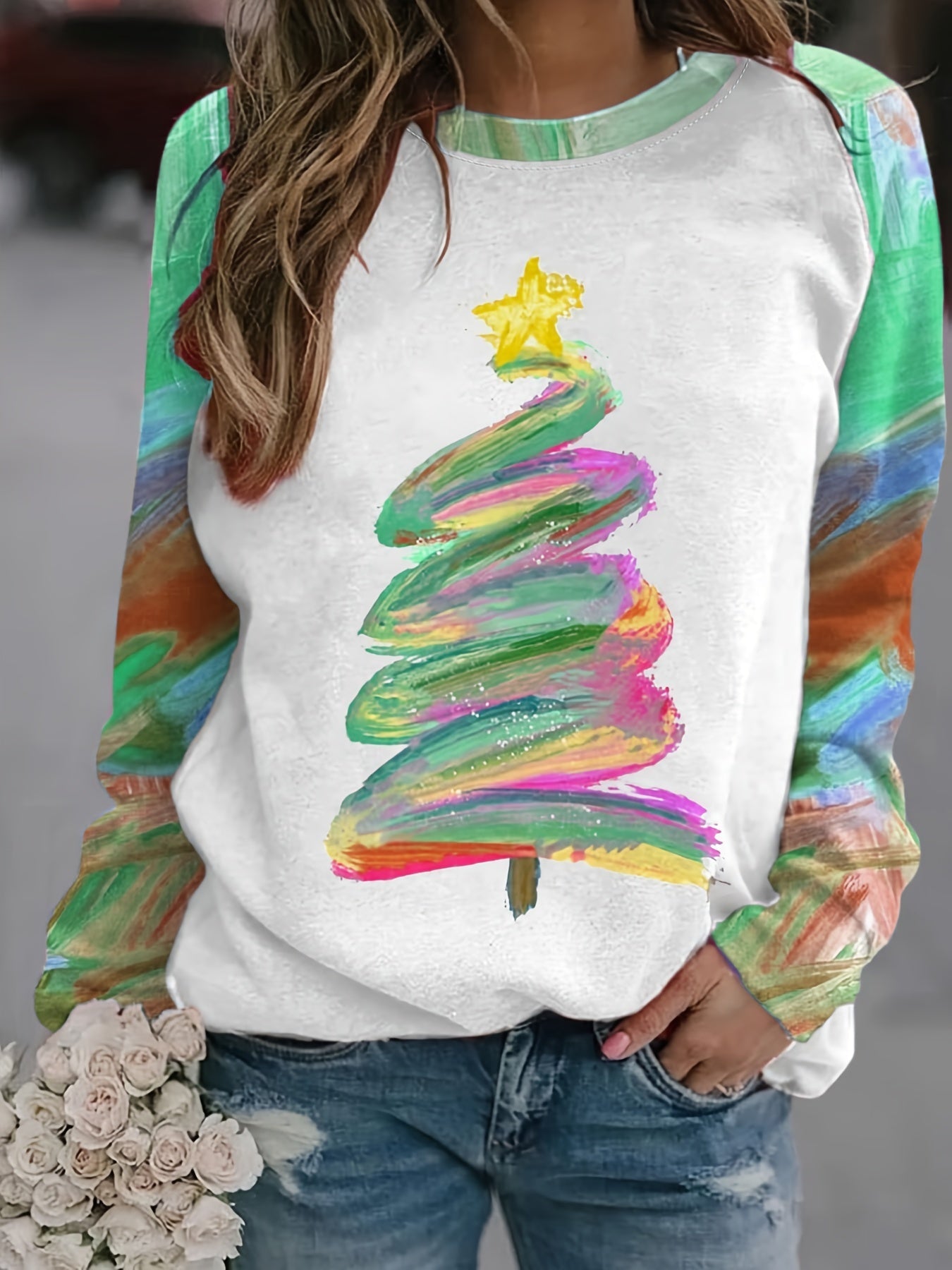 Christmas Tree Print Pullover Sweatshirt Rk6301