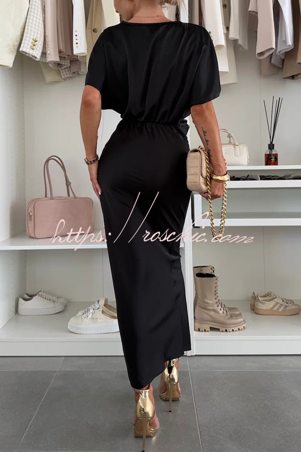 Satin Color V-neck Cross Knot Slim Maxi Dress