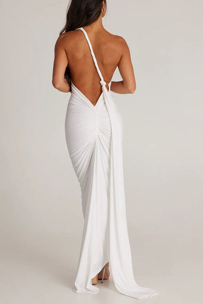 Backless Pleated Slim Color Sleeveless Maxi Dress