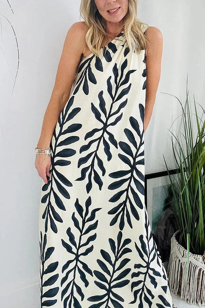 Unique Printed One Shoulder Pocketed Loose Maxi Dress