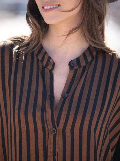 Batwing Sleeves Half Sleeves Buttoned Pockets Striped Round-neck Beach Cover-up Maxi Dresses