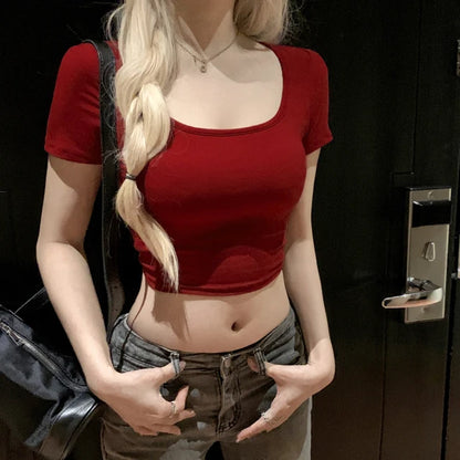 ’s O-neck Backless T-shirt Short Sleeve Color Crop Top Summer Baby Tee Y2k Clothes Skinny Tunics Tops