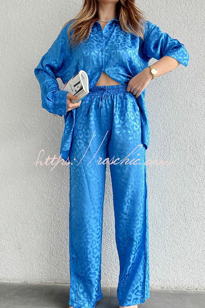 Leopard Print Jacquard Long Sleeved Shirt With Elastic Waist and Pant Two Piece Set