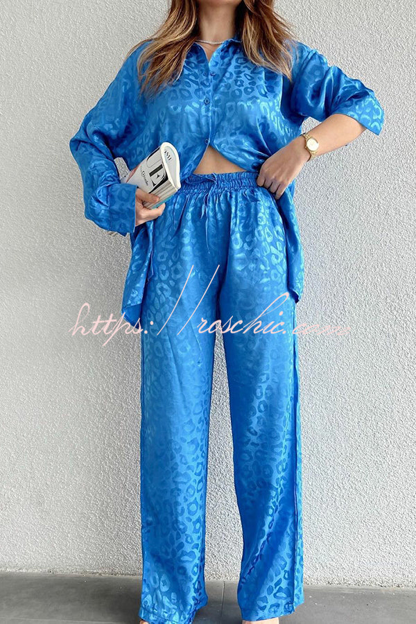Leopard Print Jacquard Long Sleeved Shirt With Elastic Waist and Pant Two Piece Set