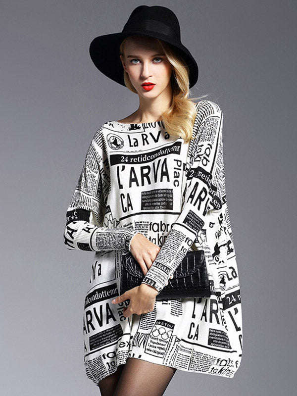 Loose One-shoulder Newspaper Printed Split-joint Sweater