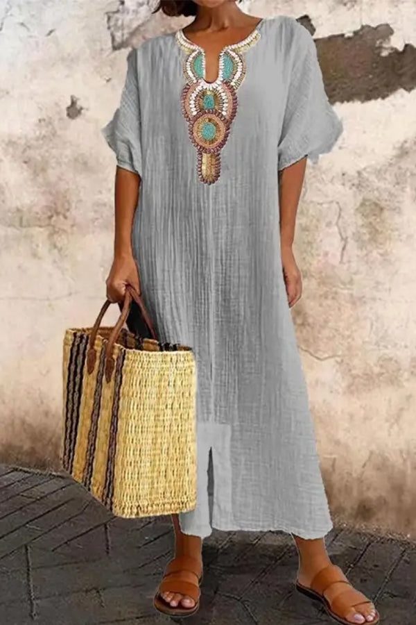 V-neck Loose Retro Print Short-sleeved Maxi Dress