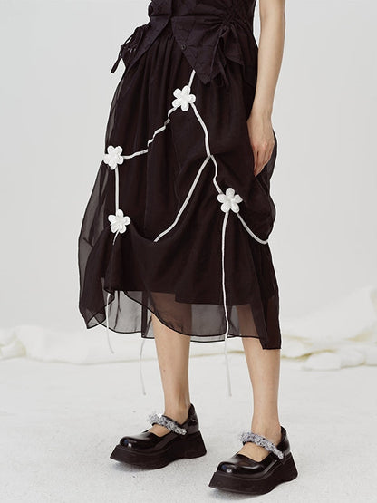 Black Embroidered Midi Skirt - Sheer Overlay Asymmetric Gothic Lolita Style