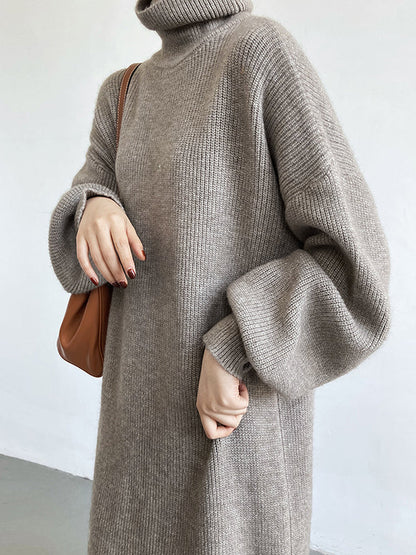 Urban Loose Purple High-neck Long Puff Sleeve Sweater Dress An1052