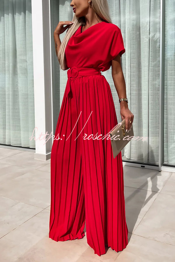 Ivy Cowl Neck Short Sleeve Belt Pleated Loose Wide Leg Jumpsuit