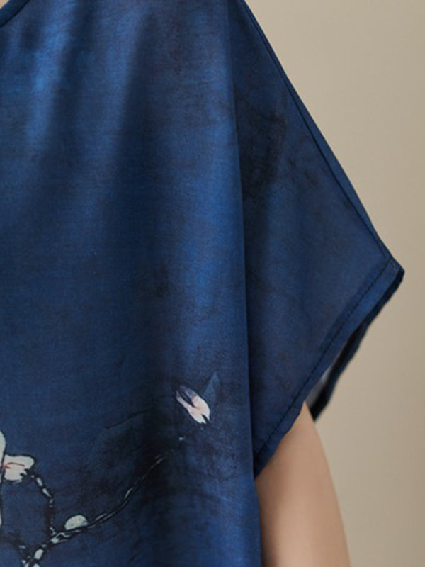 Loose Short Sleeves Printed Round-neck Maxi Dresses