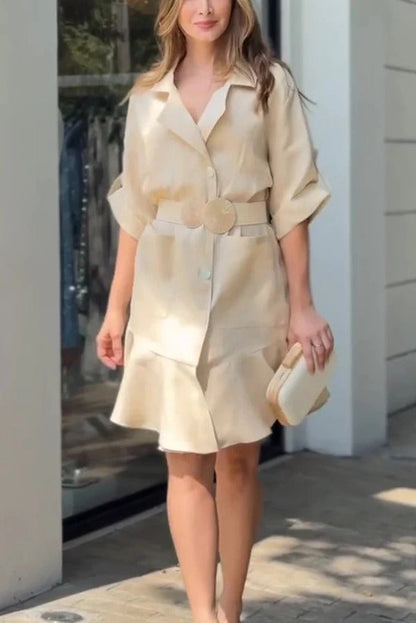 Color Lapel Pocket Ruffle Loose Mini Dress