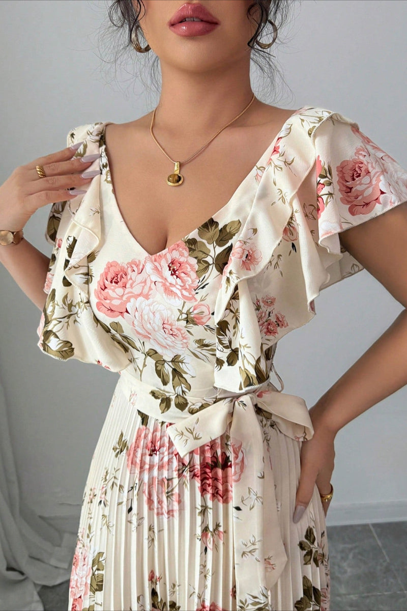 Print Ruffle Sleeve V Neck Pleated Maxi Dress