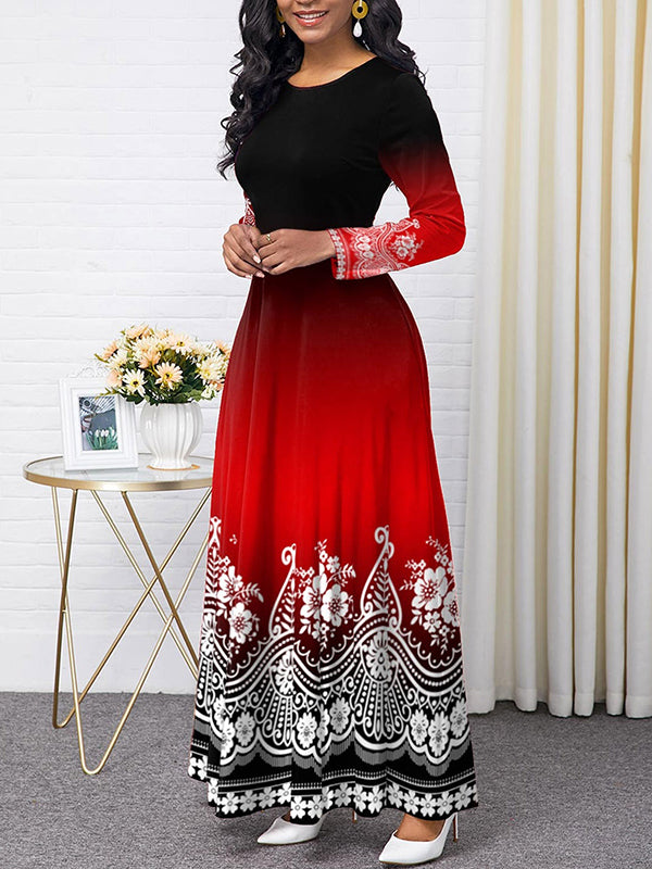 Long Sleeves Contrast Color Printed Round-neck Maxi Dresses