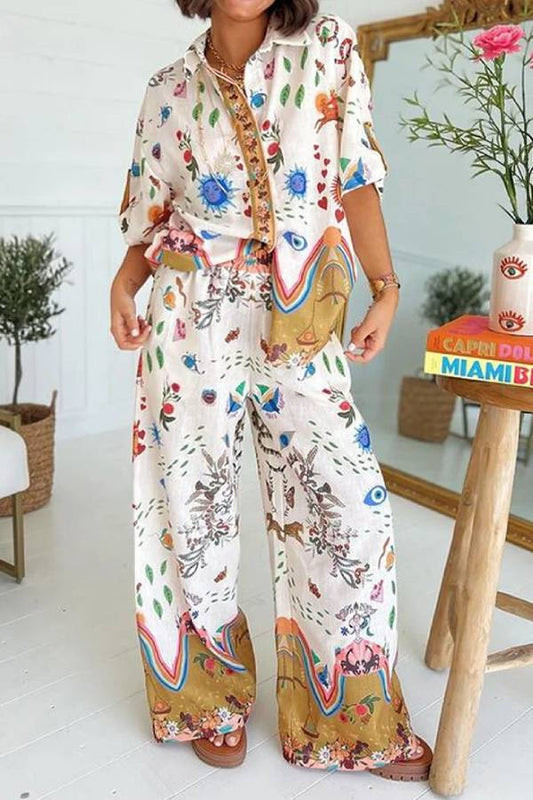 Printed Short Sleeve Shirt & Pants Two-piece Set