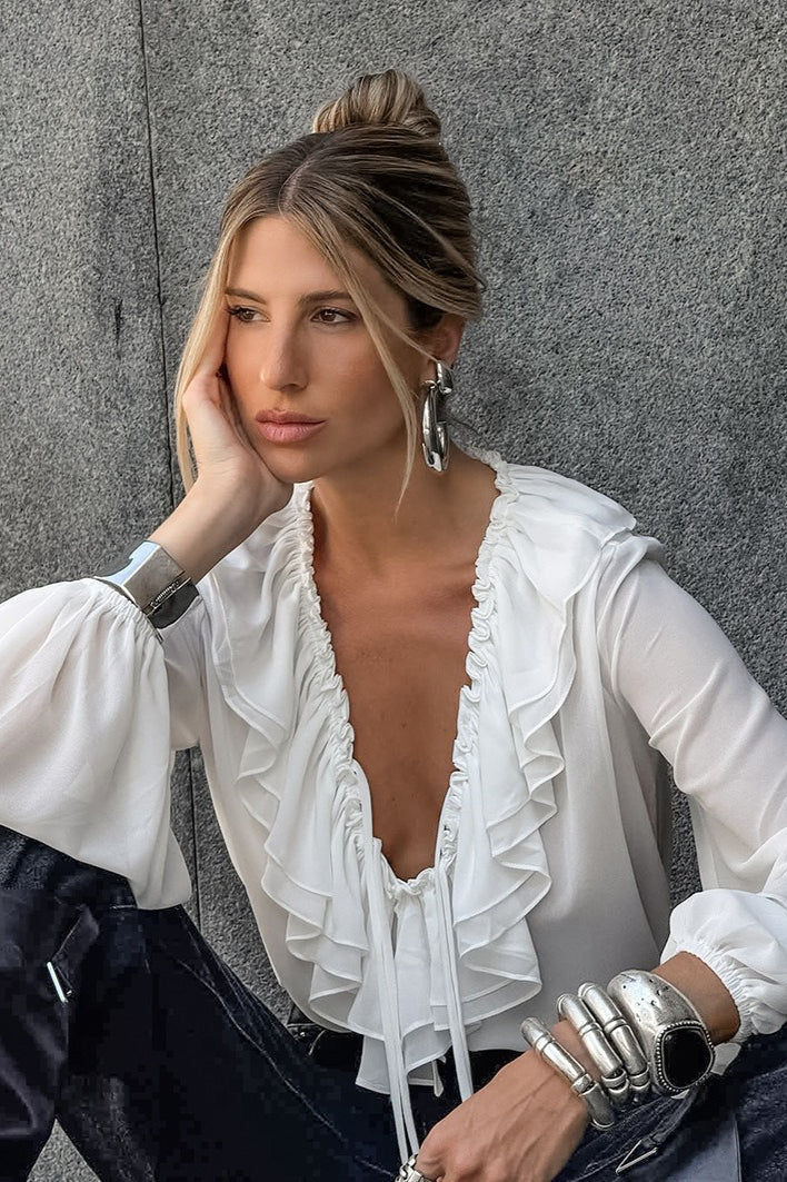 Ruffle Tie V-neck Lantern Sleeve Blouse